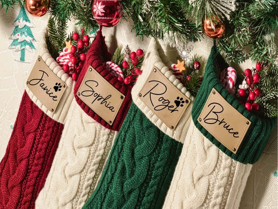 2026 Engraved Leather Patch Stockings,Christmas Stockings with Name,Dog Bone Christmas Stockings,Knit Stocking,Family Stocking,Holiday Decor