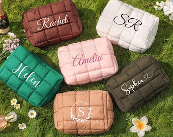 Personalized Quilted Makeup Bag,Embroidered Makeup Bag,Custom Quilted Zipper Pouch,Bridesmaid Gift for Her,Travel cosmetic Bag,Puffer Bag