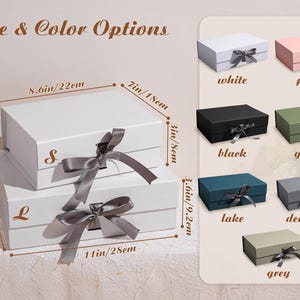 May include: White gift boxes with gray ribbon bows, available in various colors including pink, black, green, lake, deep grey, and grey. The boxes are labeled with size options, with the larger box measuring 11 inches (28 cm) long.