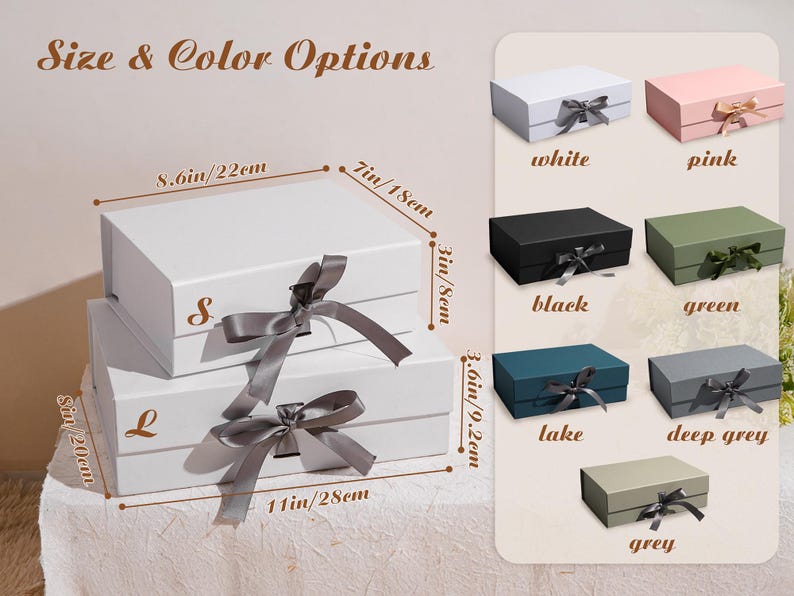 May include: White gift boxes with gray ribbon bows, available in various colors including pink, black, green, lake, deep grey, and grey. The boxes are labeled with size options, with the larger box measuring 11 inches (28 cm) long.
