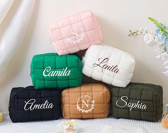 Personalized Quilted Nylon Makeup Bag,Bridesmaid Gift Bag,Custom Quilted Zipper Pouch,Embroidered Makeup Bag,Puffer Makeup Bag,Gift for Her