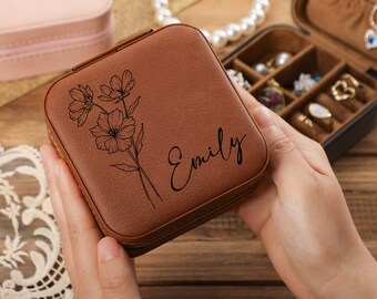 Personalized Jewelry Box, Engraved Leather Jewelry Box, Bridesmaid Jewelry Box, Birthday Flower Jewelry Storage Box, Jewelry Box Travel Case