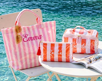 Personalized Striped Beach Tote Bag,Embroidered Waterproof Summer Travel Bag,Bridesmaid Gift Bag,Bachelorette Gift,Wedding favor gift
