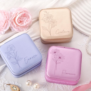 Personalized Travel Jewelry Box,Custom Birth Flower Jewelry Case,Wedding Gift,Bridal Party Jewelry Gift Box,Birthday Gift for Her with Name