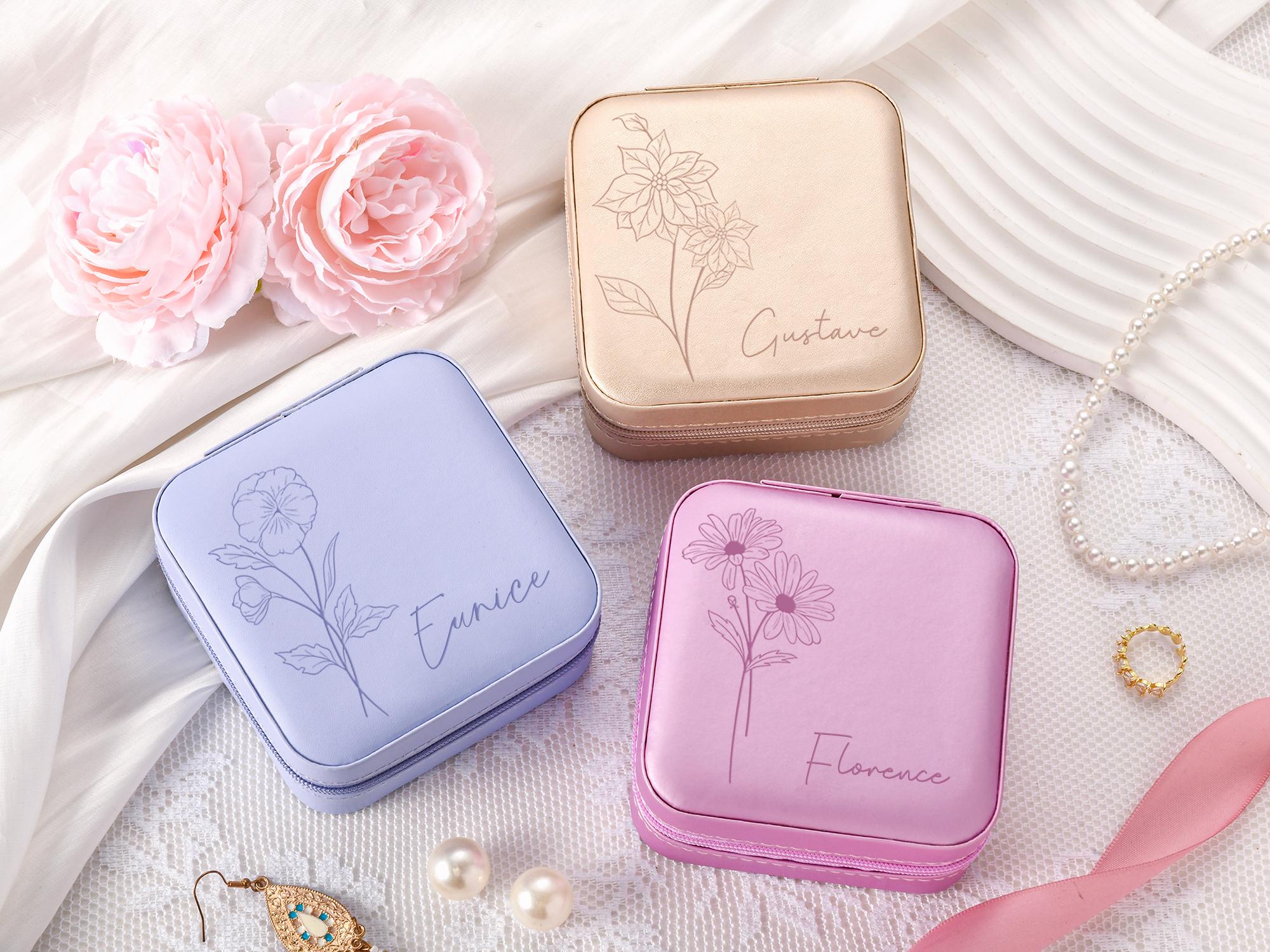 Personalized Travel Jewelry Box,Custom Birth Flower Jewelry Case,Wedding Gift,Bridal Party Jewelry Gift Box,Birthday Gift for Her with Name