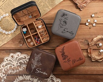 Personalized Jewelry Box, Engraved Leather Jewelry Box, Bridesmaid Jewelry Box, Birthday Flower Jewelry Storage Box, Jewelry Box Travel Case