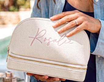 Personalized Embroidered Cosmetic Travel Bag,Leather Makeup Jewelry Case,Bridesmaid Gift,Jewellery Box,Wedding Gift,Travel Jewellery bag