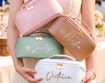 Personalized Leather Makeup Bag,Embroidered Large Cosmetic Bag, Bridesmaid Gift,Travel Storage Organize