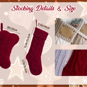 May include: A set of red cable-knit Christmas stockings with a bone-shaped design and a traditional stocking shape. The bone-shaped stocking measures 9 inches by 15.5 inches, while the standard stocking is 5.5 inches by 13.1 inches by 7.7 inches.