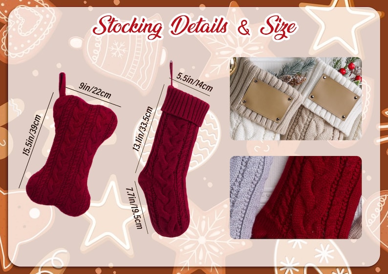 May include: A set of red cable-knit Christmas stockings with a bone-shaped design and a traditional stocking shape. The bone-shaped stocking measures 9 inches by 15.5 inches, while the standard stocking is 5.5 inches by 13.1 inches by 7.7 inches.