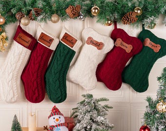 Personalized Knit Christmas Stockings, Engraved Leather Patch, Family Holiday Decor,Dog Bone Stockings