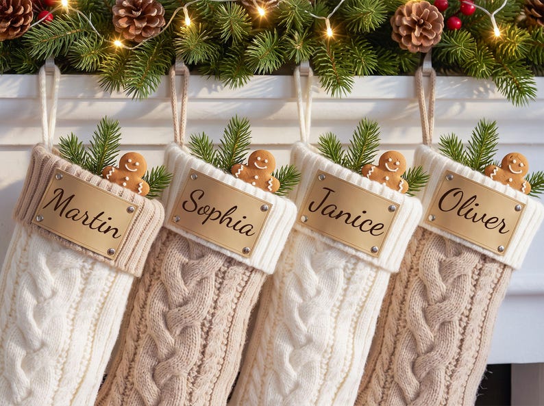 May include: Four cream-colored cable knit Christmas stockings hanging in a row. Each stocking features a rectangular gold-toned metal nameplate engraved with the names Martin, Sophia, Janice, and Oliver, topped with a small gingerbread man.