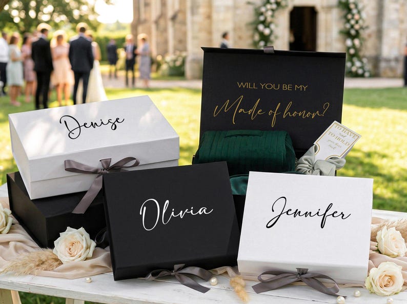 May include: Several gift boxes, including white and black, are displayed outdoors. The boxes are tied with gray ribbons and have names like "Denise," "Olivia," and "Jennifer" written on them. One box says "Will you be my Made of honor?"
