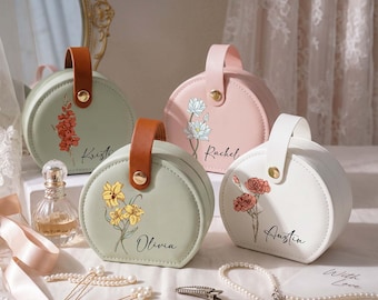 Personalized PU Leather Travel Jewelry Box, Birth Flower Mini Organizer Case, Bridesmaid Gift, Birthday & Holiday Gift for Women