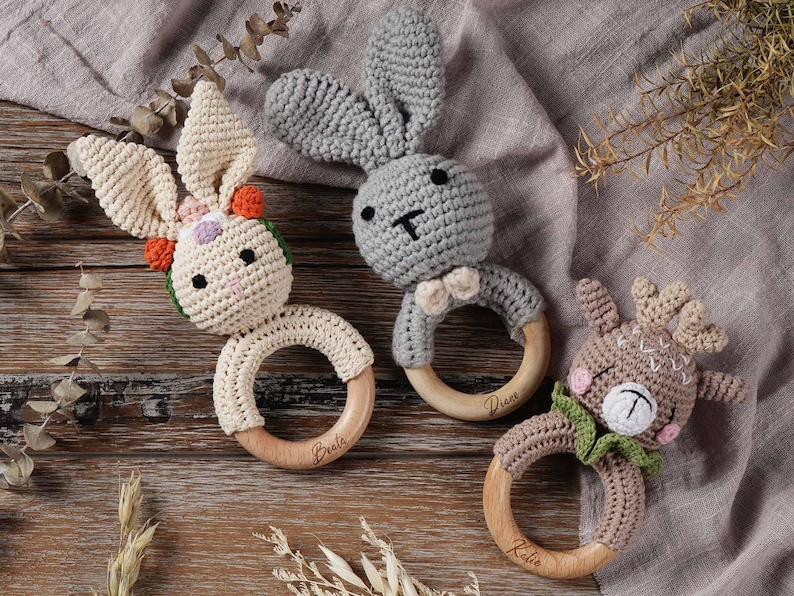 Personalized Wooden Animal Baby Rattles, Customized Baby Rattle Toys, Baby Shower Gifts, Crochet Animal Rattles, Newborn Gifts, Baby Toys image 3