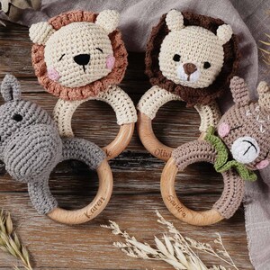Personalized Wooden Animal Baby Rattles, Customized Baby Rattle Toys, Baby Shower Gifts, Crochet Animal Rattles, Newborn Gifts, Baby Toys image 2