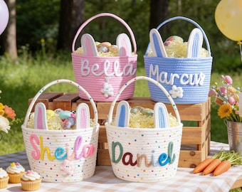 Canasta de conejito de Pascua personalizada con nombre, canasta de Pascua para niños, canasta de búsqueda de huevos de Pascua, cubo de conejito de Pascua, canasta de juguetes, canasta con juguete