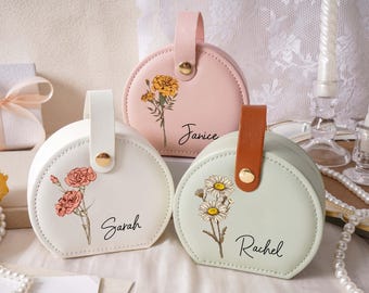 Personalized Leather Jewelry Box, Birth Flower Travel Case, Bridesmaid Gift