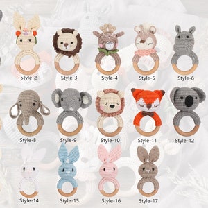 Sonagli per bambini con animali in legno personalizzati, giocattoli con sonagli per bambini personalizzati, regali per la doccia per bambini, sonagli per animali all'uncinetto, regali per neonati, giocattoli per bambini immagine 8