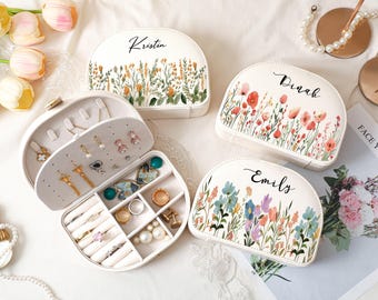 Personalized Floral Birth Flower Jewelry Box, Leather Travel Case, Bridesmaid Gift,Birthday Gift for Her,Holiday Gifts
