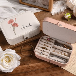 Personalisierte Schmuckschatulle, Brith Blumen Schmuckschatulle, Brautjungfer Geschenkbox, Brautdusche, Party, Lederschmuck Reiseetui, Geburtstagsgeschenk