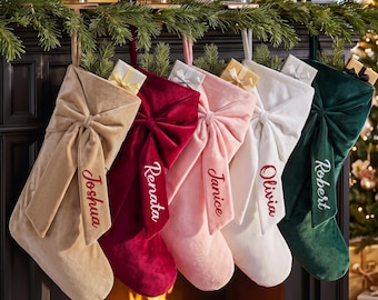Personalized Bow Christmas Stocking with Name, 2026 Embroidered Velvet Christmas Stocking, Christmas Gift, Family Decor