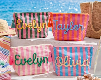 Personalized Striped PVC Makeup Bag, Custom Name Cosmetic Pouch, Waterproof Toiletry Bag,Summer Vacation Bag, Bridesmaid Gift