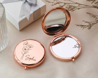 Specchio compatto personalizzato, regalo per proposta di damigella d'onore, regalo di compleanno per migliore amica, regalo personalizzato per donne, specchio tascabile con fiori di compleanno