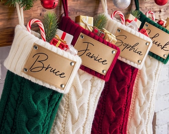 2026 Family Christmas Stockings,Custom Knit Stocking with Name,Engraved Leather Patch Stockings,Dog Bone Christmas Stockings,Christmas Gift