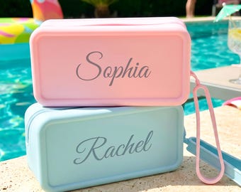 Neceser de silicona personalizado, estuche cosmético impermeable grabado, organizador de protector solar de viaje, regalo para damas de honor, regalo para ella.