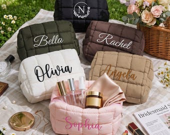 Custom Quilted Zipper Pouch,Personalized Quilted Makeup Bag,Bridesmaid Gift Bag,Embroidered Makeup Bag,Puffer Makeup Bag,Bachelorette Gift