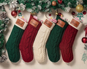 Knitted Christmas Stockings Set,Christmas Stockings with Name,Engraved Leather Patch Stockings,Holiday Stockings,Family Stocking Set