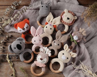 Personalized Wooden Animal Baby Rattles, Customized Baby Rattle Toys, Baby Shower Gifts, Crochet Animal Rattles, Newborn Gifts, Baby Toys