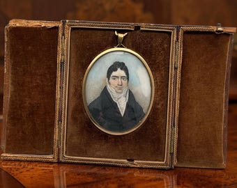 18th Century Georgian Gentleman’s Portrait Miniature in Leather Case with Easel Support