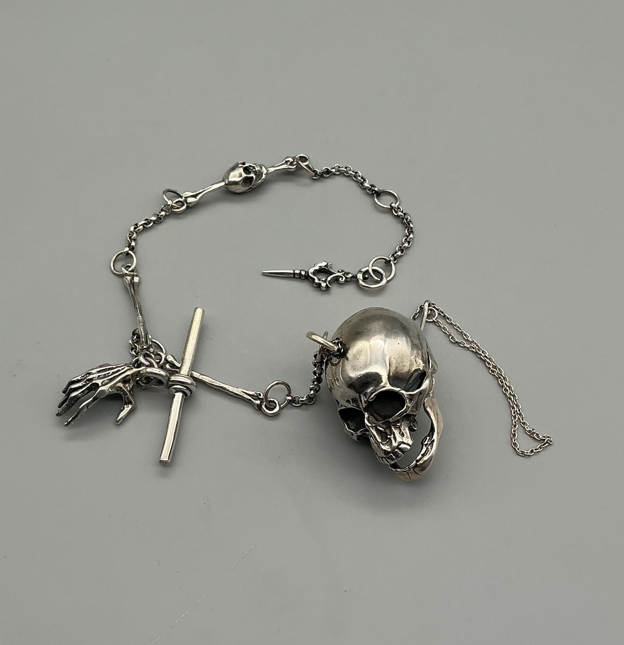 Antique Sterling Silver Skull Pocket Watch Chain – Memento Mori Vesta ...