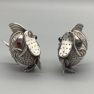 Vintage Pair of Spanish Silver Condiments – Grotesque Fish Design