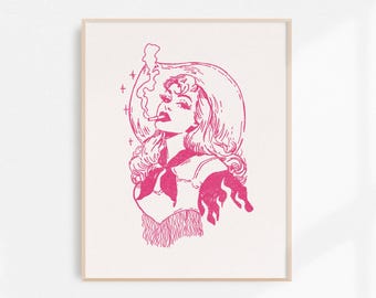 Smokin’ Cowgirl, Cowgirl Fine Art Print, Retro Cowgirl Art, Vintage Cowgirl Wall Art, Western Wall Decor, Unframed Print