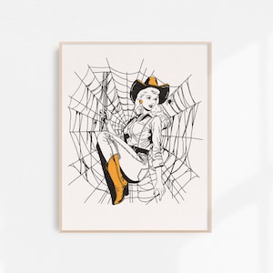 Wrangled Web Cowgirl, Cowgirl Fine Art Print, Retro Cowgirl Art, Halloween Art, Vintage Cowgirl Wall Art, Western Wall Decor, Unframed Print