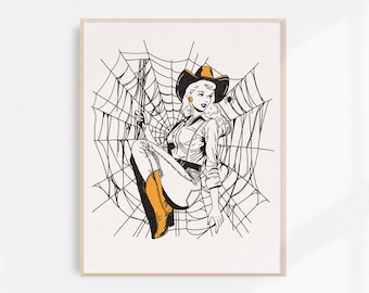 Wrangled Web Cowgirl, Cowgirl Fine Art Print, Retro Cowgirl Art, Halloween Art, Vintage Cowgirl Wall Art, Western Wall Decor, Unframed Print