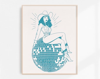 Disco Ball Cowgirl, Cowgirl Fine Art Print, Retro Cowgirl Art, Vintage Cowgirl Wall Art, Western Wall Decor, Unframed Print