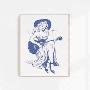 Cowgirl Playing Guitar, Cowgirl Fine Art Print, Retro Cowgirl Art, Vintage Cowgirl Wall Art, Western Wall Decor, Digital Download