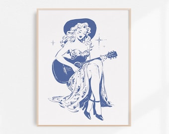 Cowgirl Gitarre spielen, Cowgirl Kunstdruck, Retro Cowgirl Kunst, Vintage Cowgirl Wandkunst, Western-Wand-Dekor, digitaler Download