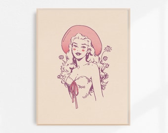 Cowgirl In Bloom, Cowgirl Fine Art Print, Retro Cowgirl Art, Vintage Cowgirl Wall Art, Western Wall Decor, Unframed Print