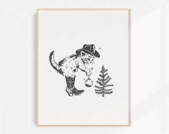 Wild West Christmas Kitty, Cowboy Cat Fine Art Print, Retro Cat Art Print, Vintage Christmas Wall Art, Western Wall Decor, Unframed Print