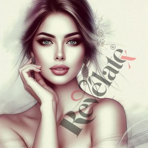 Puede incluir: Retrato digital de una mujer con ojos verdes, labios carnosos y maquillaje de ojos oscuro. Lleva pendientes colgantes y flores en el pelo. La imagen tiene un estilo suave, aerografiado, con un fondo neutro.