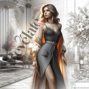 Puede incluir: Una mujer con un top negro con encaje y una falda gris con una abertura alta. Lleva una chaqueta color beige y joyas doradas. El fondo presenta un boceto de una habitación con un sofá, una lámpara y elementos florales. La palabra "Vela" es visible.