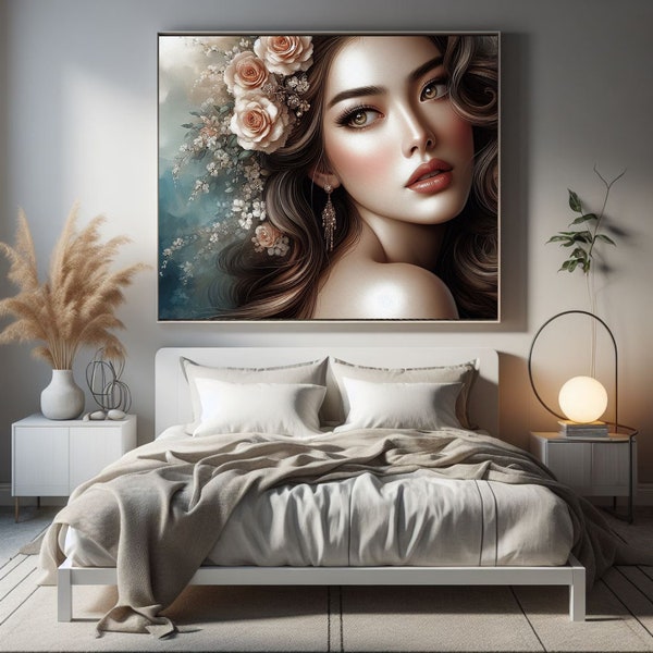 Mujer en Flor, belleza pura y pensamiento profundo. Imagen de arte digital, cuadro, decoración, fondo de pantalla, impresión, descargable.