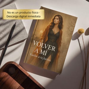 Puede incluir: Una portada de libro con el título "VOLVER A MÍ" y el subtítulo "Vuelve a tu fuerza". La portada presenta una ilustración de una mujer con un vestido negro y un chal naranja. Una pancarta dorada en la parte superior dice "No es un producto físico. Descarga digital inmediata."