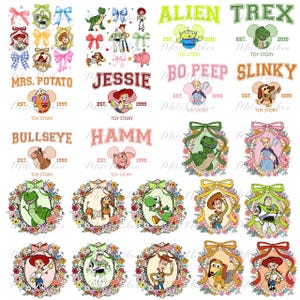 Coquette BowToy Story PNG Bundle, Floral Vintage Character Toy Story Png,Family Matching Trip Png, Vacay Mode Png, Watercolor Toy Story Png