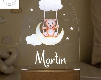 Gepersonaliseerd maannachtlampje, aangepast kindernaam nachtlampje, dierenbabykamerdecor, beer kinderslaapkamerlamp, pasgeboren cadeau